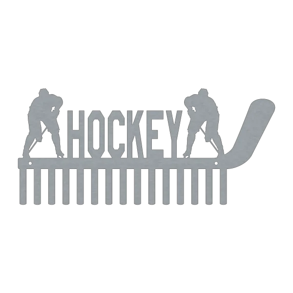 A steel medal holder shaped like a hockey stick, featuring the word 'HOCKEY' in the center with two player silhouettes. It has 15 hooks for displaying medals.